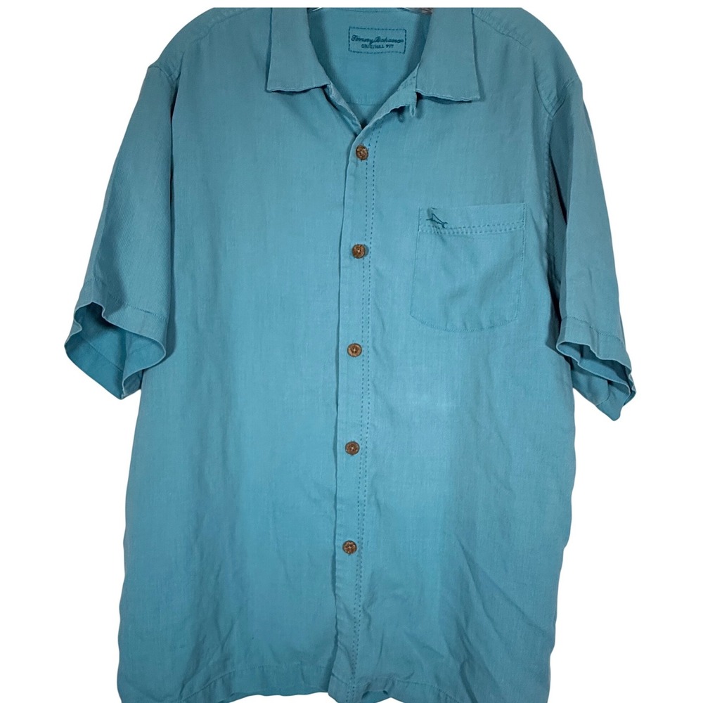 Tommy Bahama IslandZone Silk Blend Shirt Mens Large Turquoise Blue Original Fit